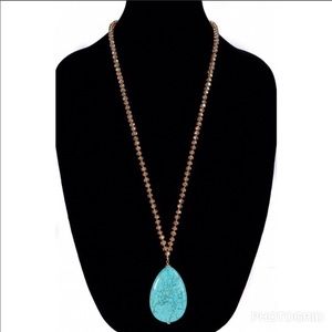 NATURAL STONE TEARDROP PENDANT GLASS BEAD NECKLACE